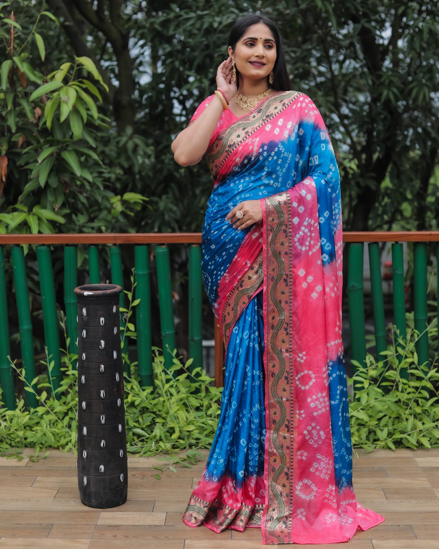 Imposing Bandhej Sky Blue Color Soft Silk Saree