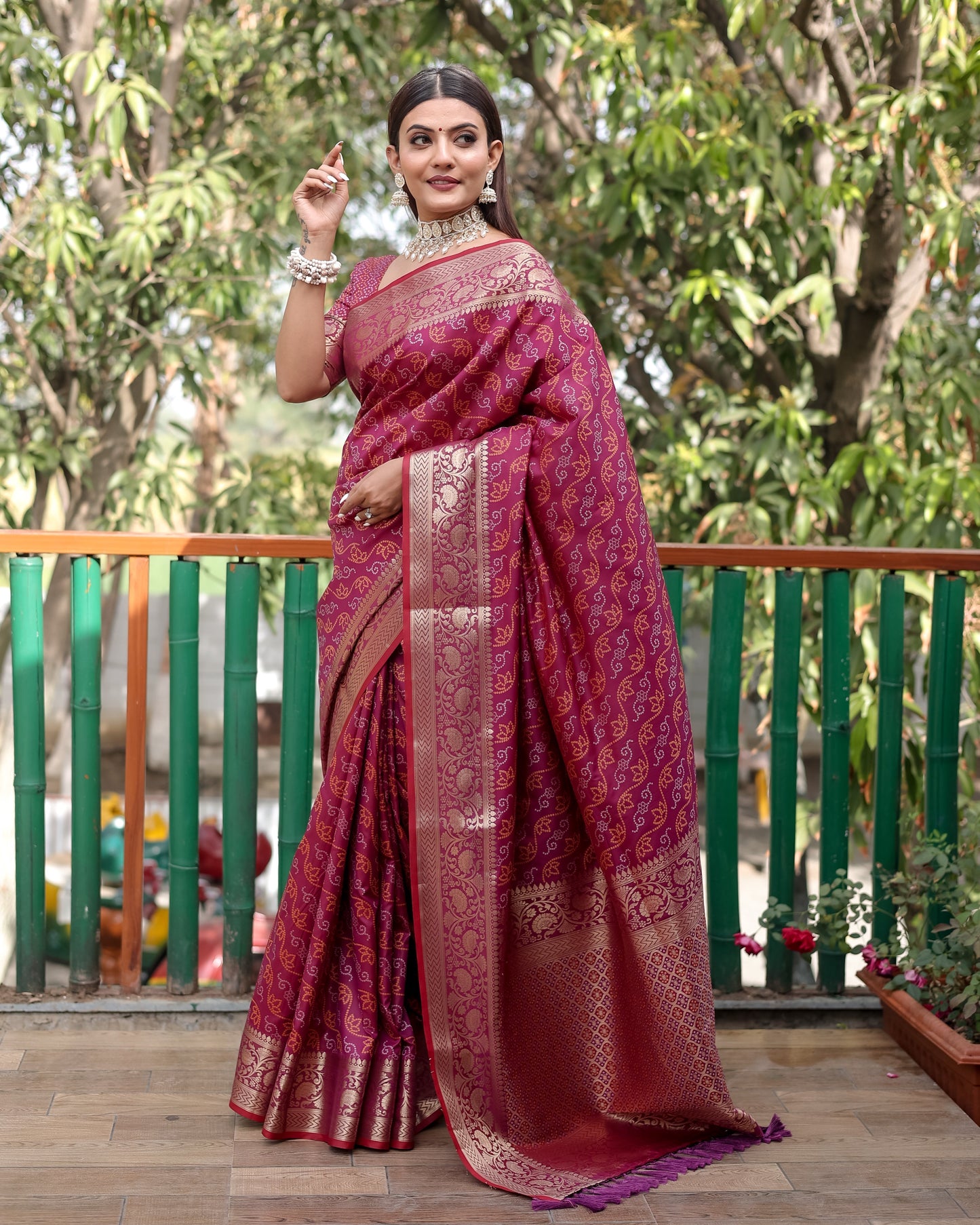 Shining Bandhej Patola Maroon Color Silk Sarees