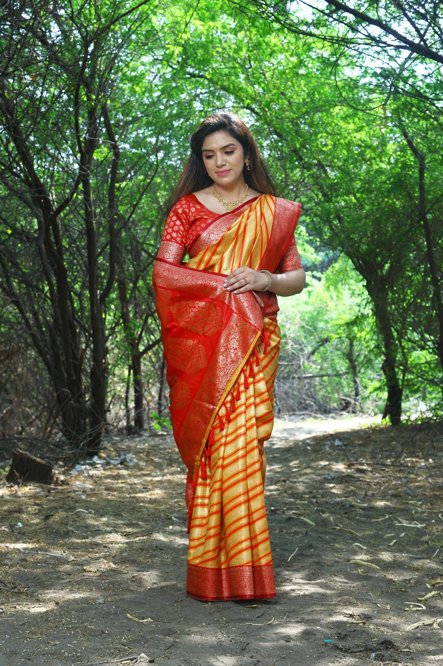 Designer Jaquard Soft Satin Red Yellow Silk Saree