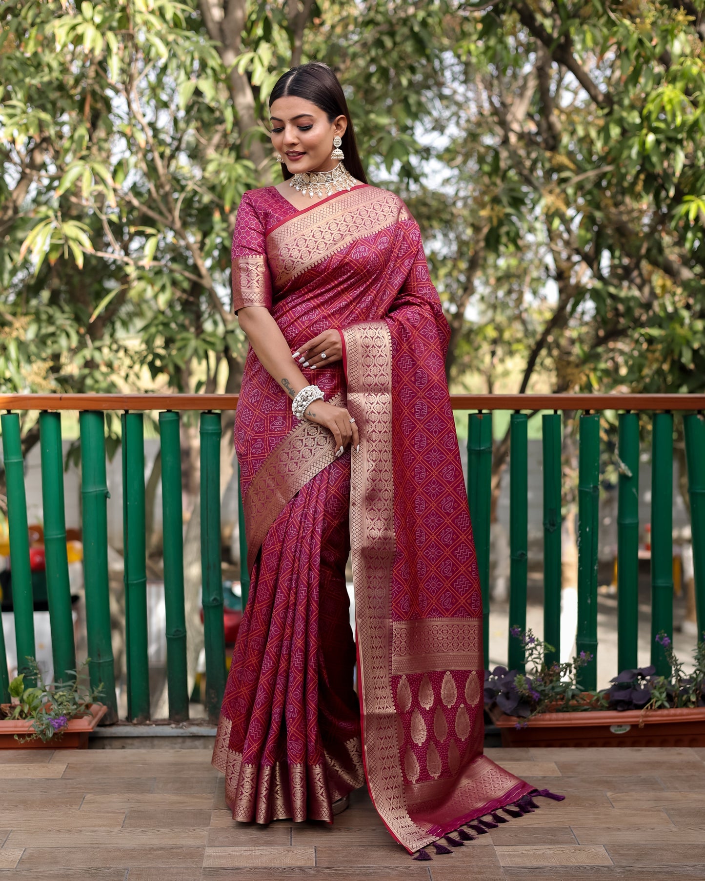 Embellished Silk Bandhej Maroon Color Patola Sarees