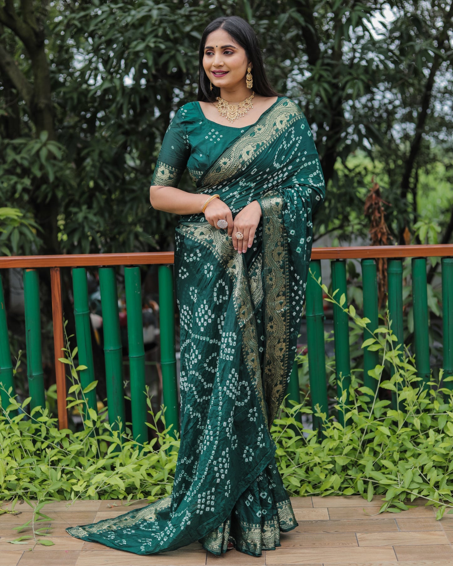 Trendy Mehndi Wear Bandhej Green Color Soft Silk Saree