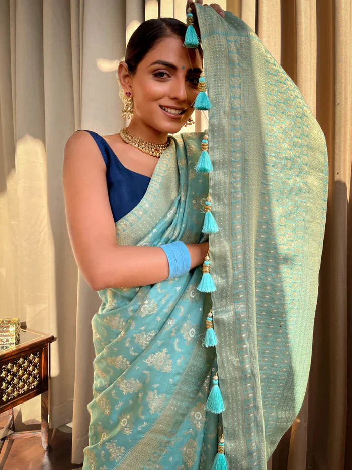 Trendy Jaquard Sky Blue Color Silk Saree