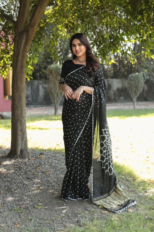 Gorgeous Pure Bandhej Black Color Silk Saree