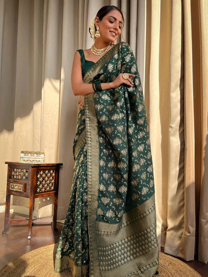 Trendy Jaquard Mehndi Wear Green Color Silk Saree