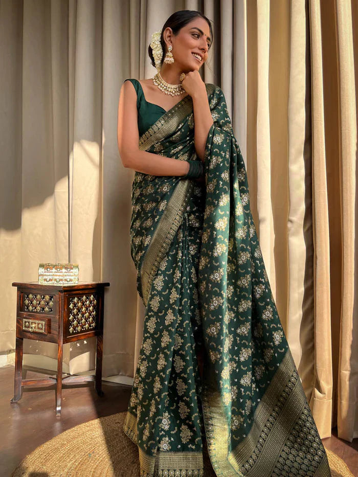 Trendy Jaquard Mehndi Wear Green Color Silk Saree