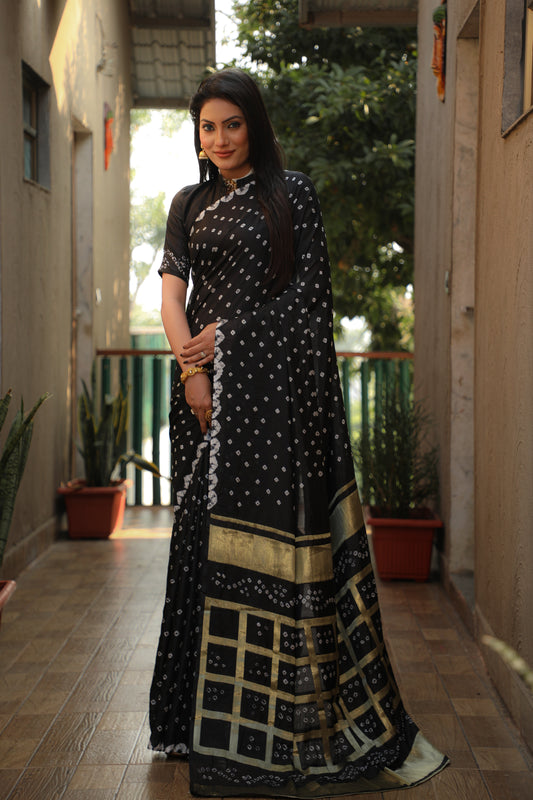 Luxuriant Bandhej Black Color Silk Saree