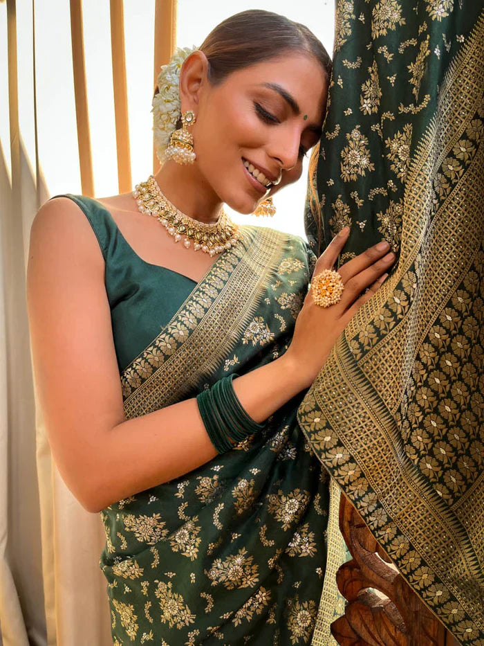 Trendy Jaquard Mehndi Wear Green Color Silk Saree