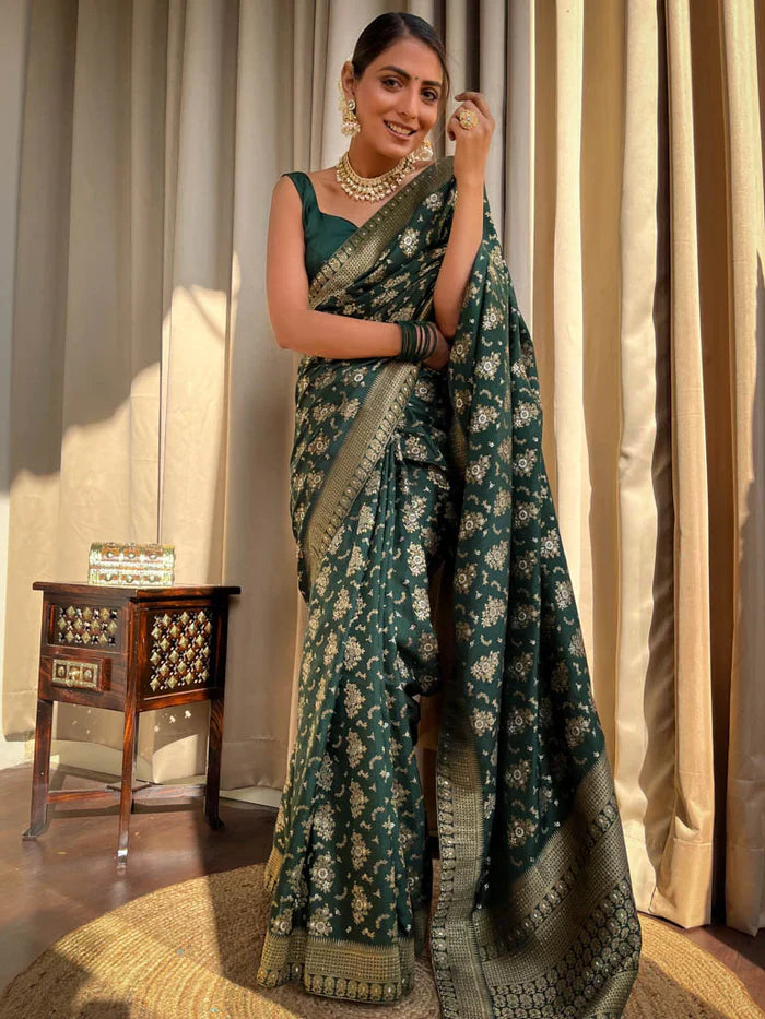 Trendy Jaquard Mehndi Wear Green Color Silk Saree