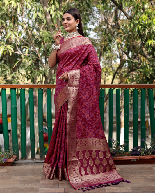 Embellished Silk Bandhej Maroon Color Patola Sarees