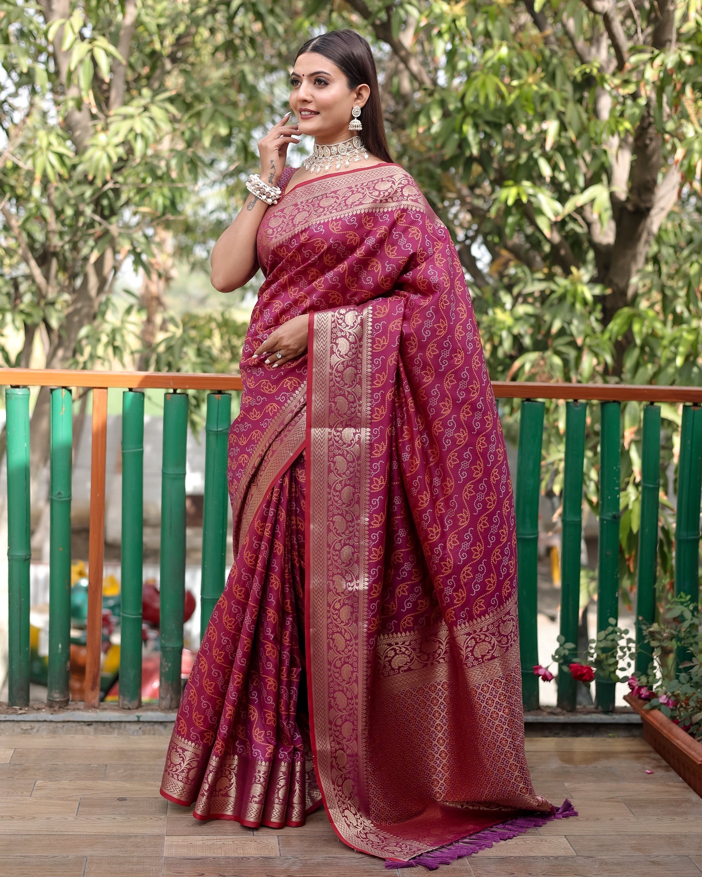 Shining Bandhej Patola Maroon Color Silk Sarees