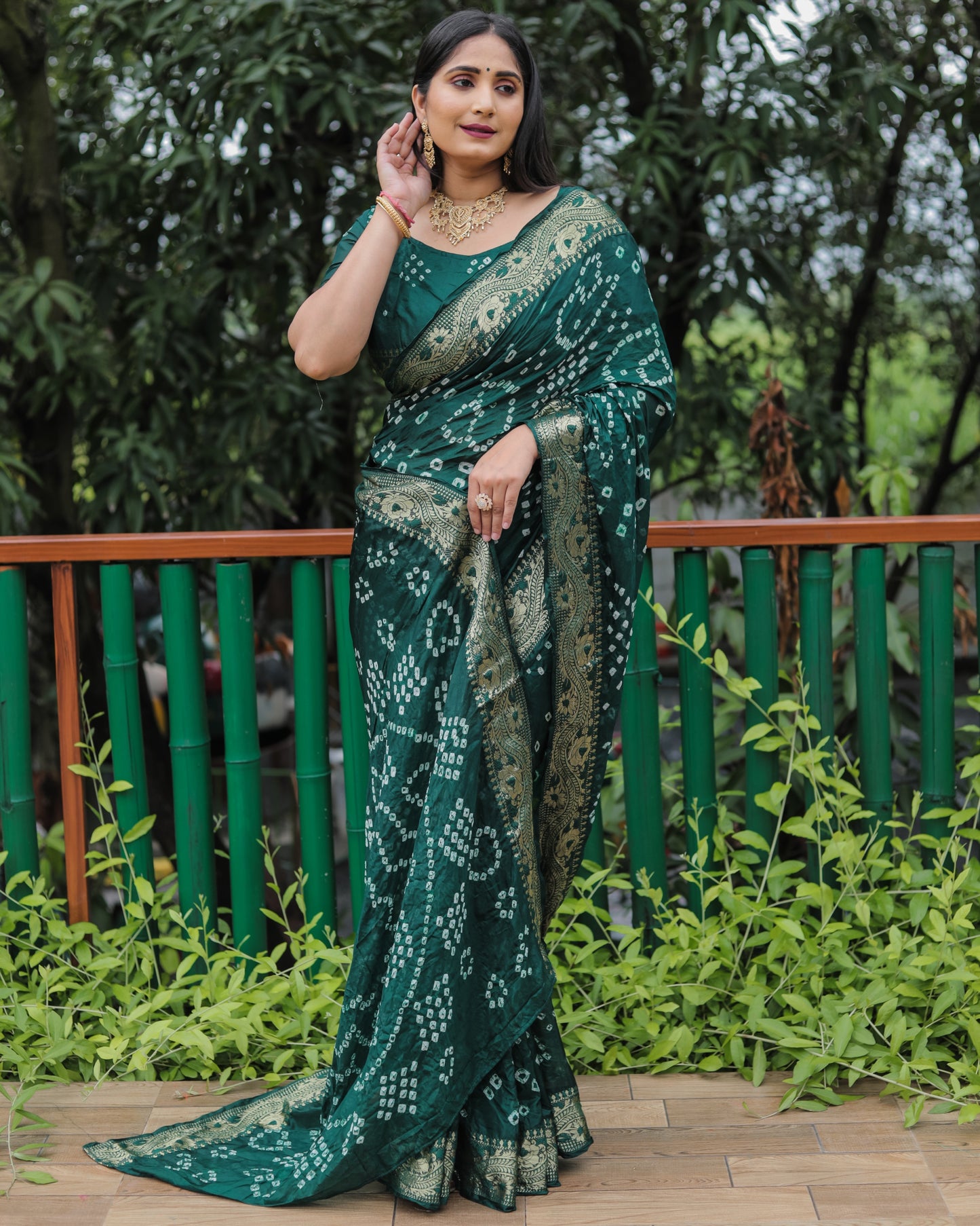 Trendy Mehndi Wear Bandhej Green Color Soft Silk Saree