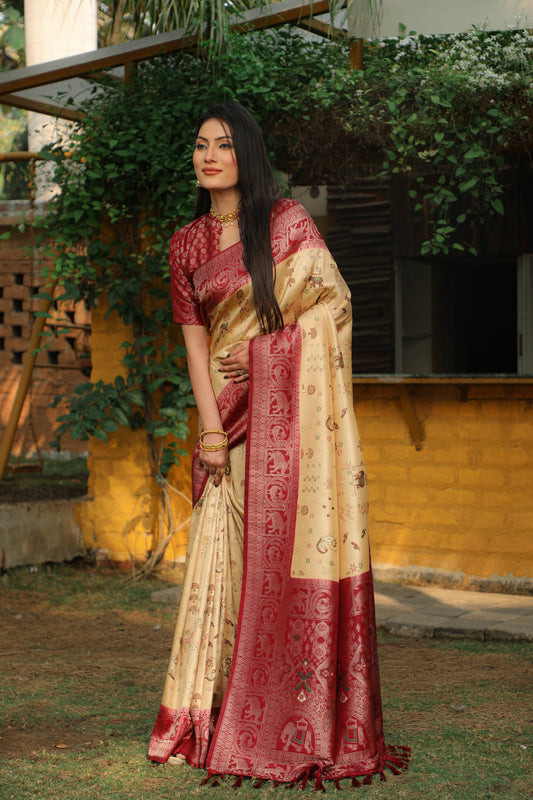 Innovative Soft Silk Zari Weaving Cream Color Saree