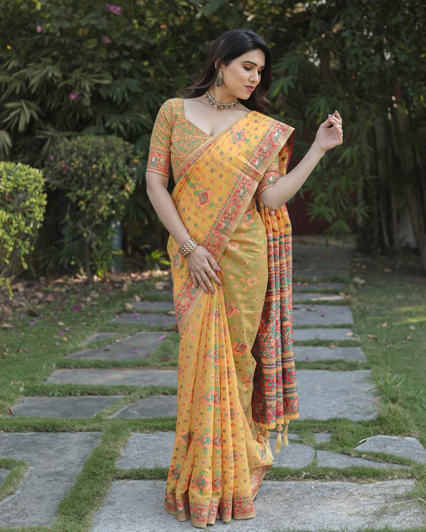 Designer Patola Print Work Soft Cotton Yellow Color Women Saree