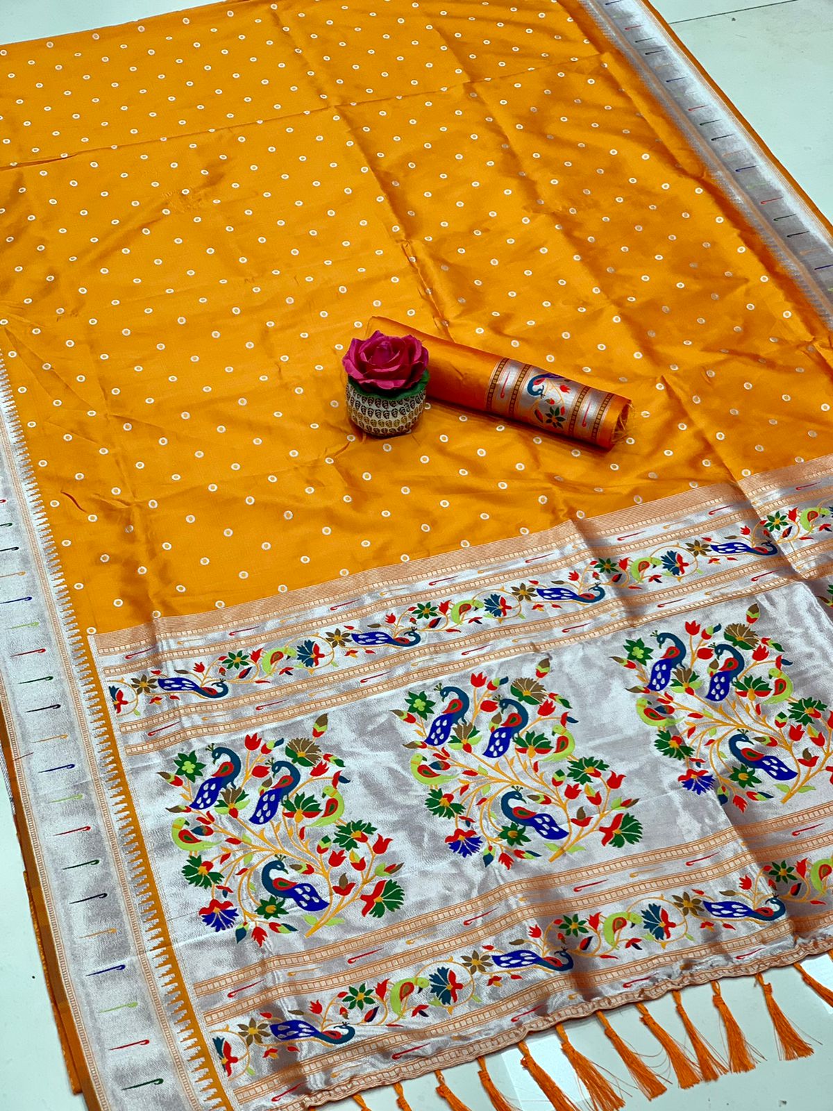 Precious Banarasi Paithani Yellow Color Soft Silk Saree