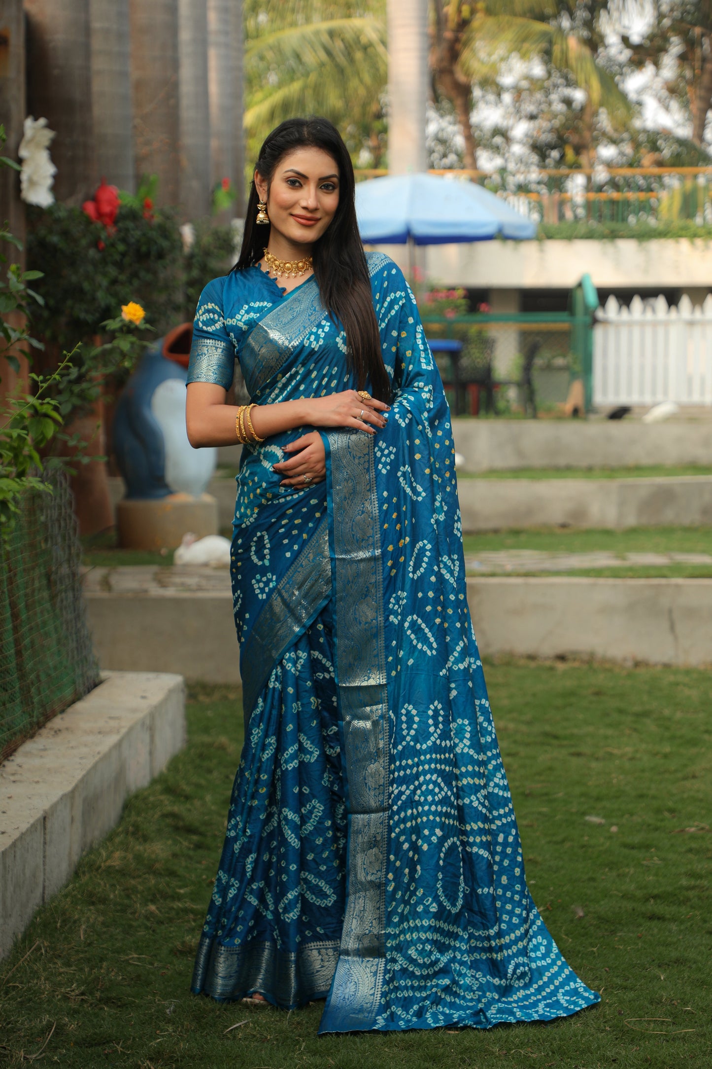 Blissful Kanjivaram Bandhej Blue Color Silk Saree