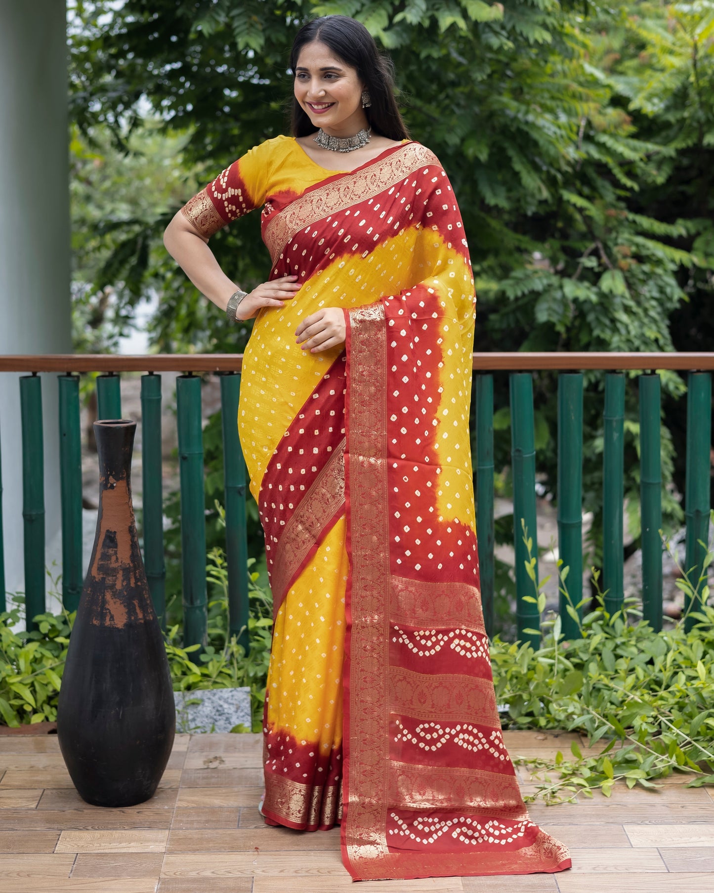 Stylish Bandhej Silk Bandhani Border yellow Color Saree