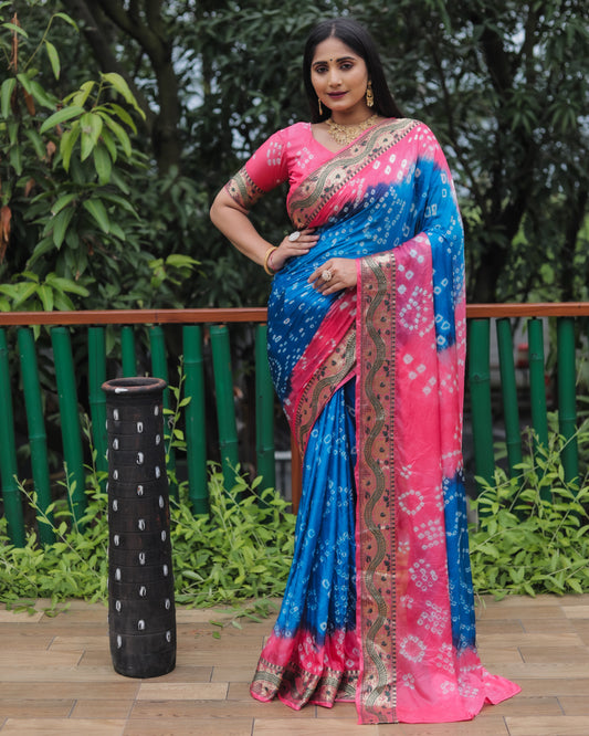 Imposing Bandhej Sky Blue Color Soft Silk Saree