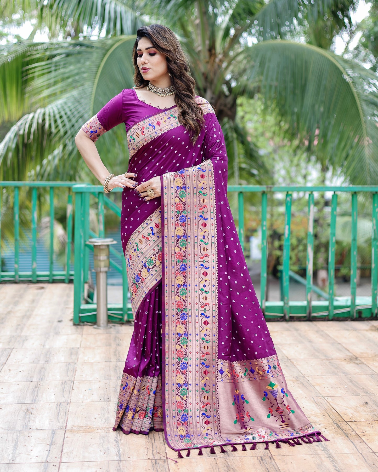 Glorious Paithani Bandhej Purple Color Silk Saree