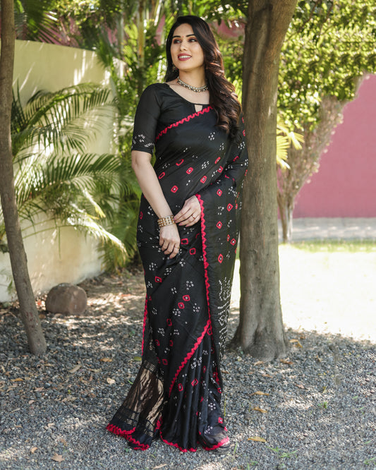 Luxuriant Bandhej Black Color Silk Saree