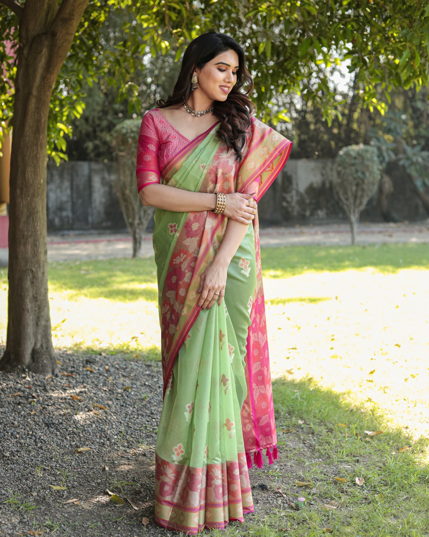 Trendy Organza Perrot Color Silk Sarees