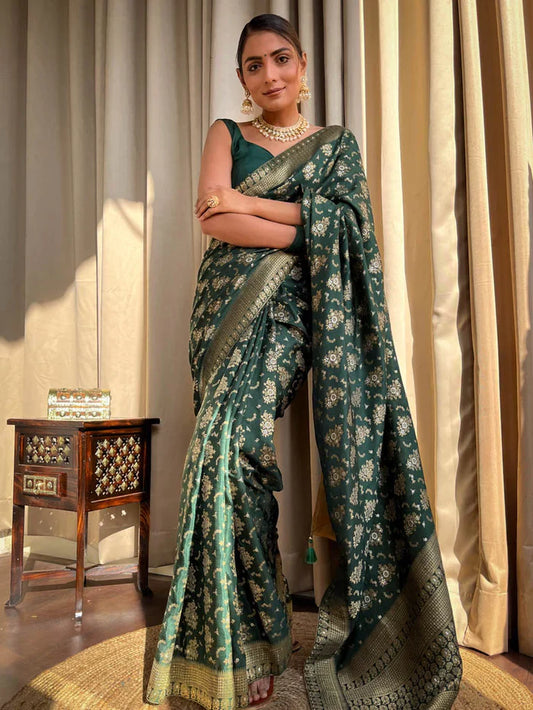 Trendy Jaquard Mehndi Wear Green Color Silk Saree