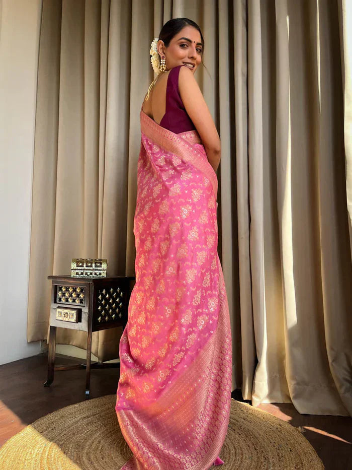 Trendy Jaquard Pink Color Silk Saree