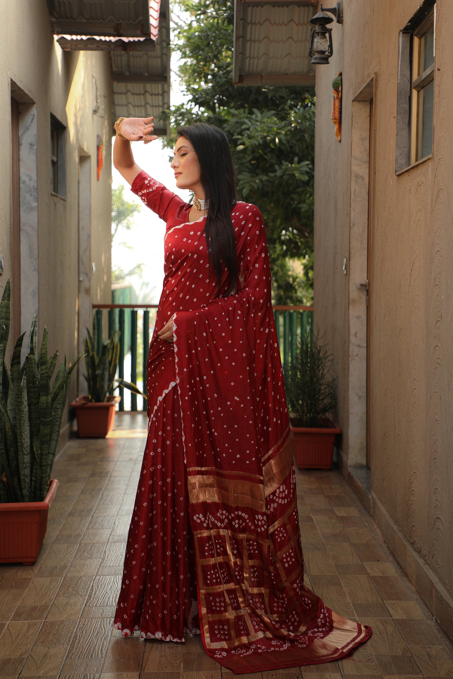 Luxuriant Bandhej Maroon Color Silk Saree