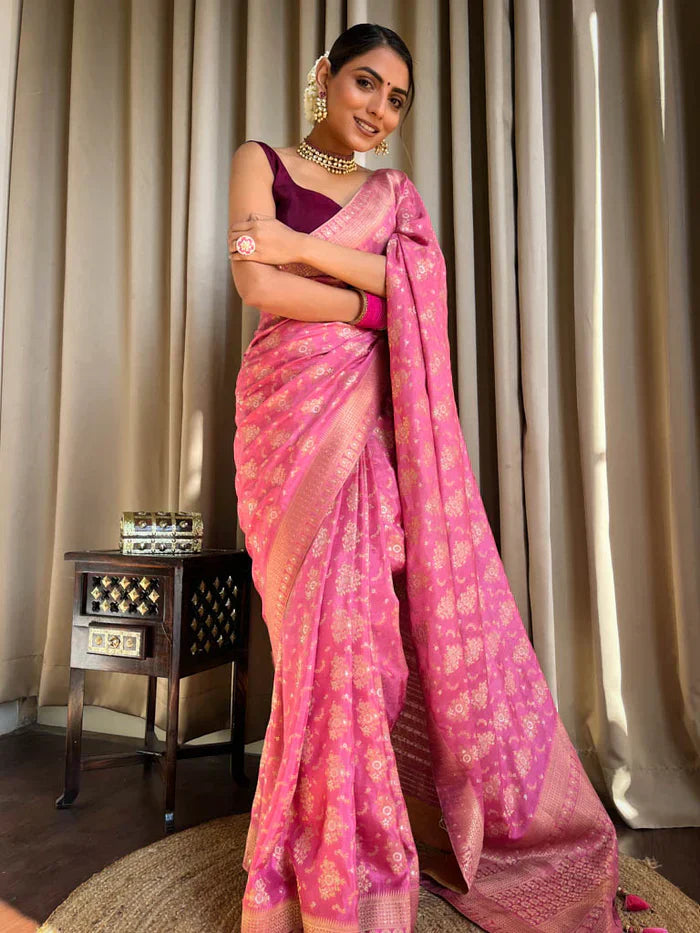 Trendy Jaquard Pink Color Silk Saree