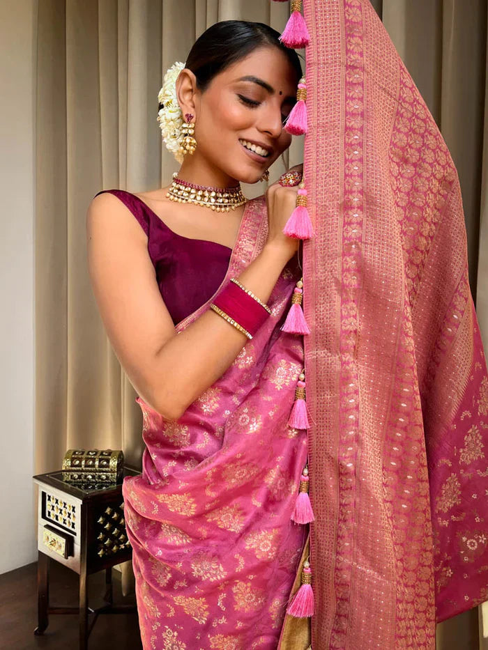 Trendy Jaquard Pink Color Silk Saree