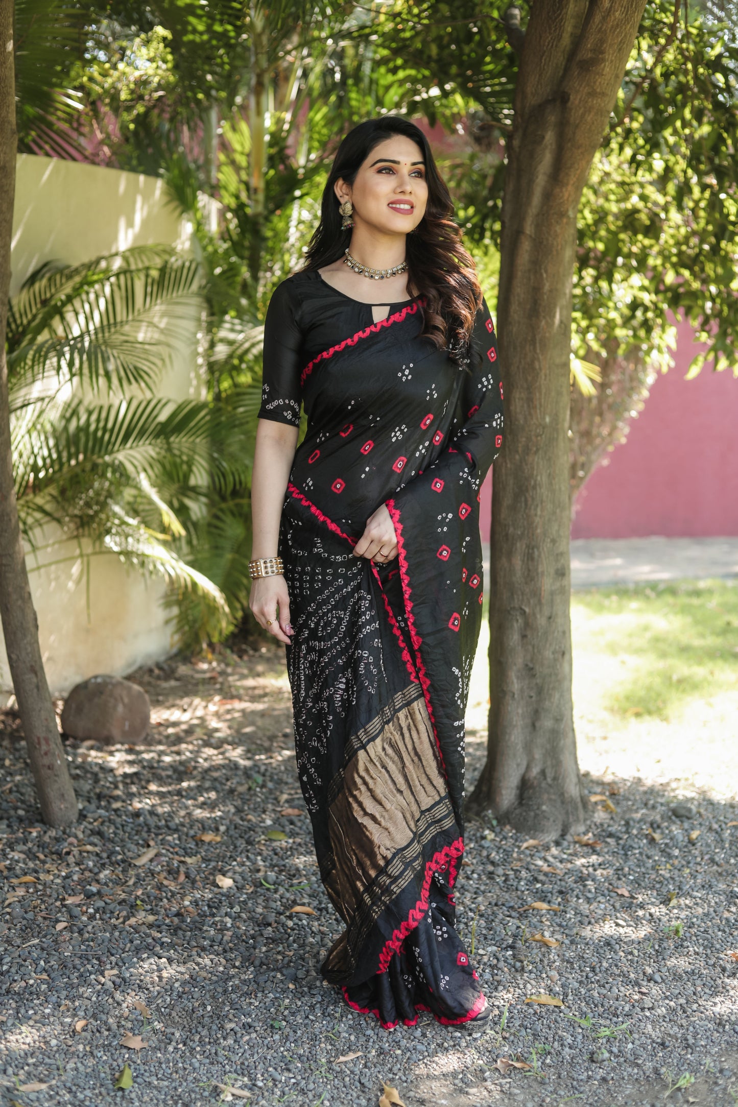 Luxuriant Bandhej Black Color Silk Saree