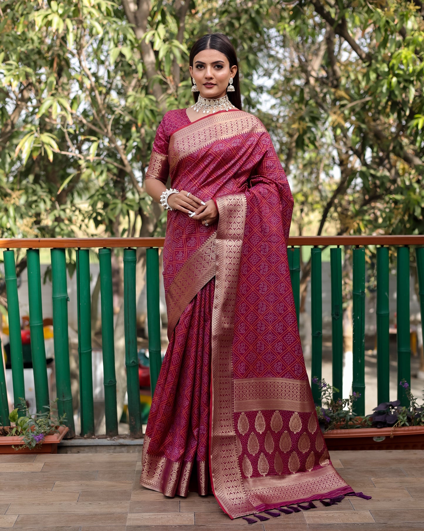 Embellished Silk Bandhej Maroon Color Patola Sarees