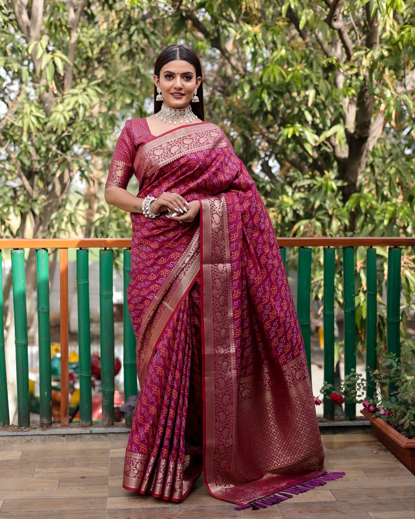 Shining Bandhej Patola Maroon Color Silk Sarees