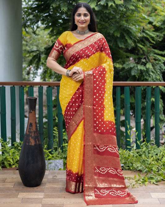 Stylish Bandhej Silk Bandhani Border yellow Color Saree