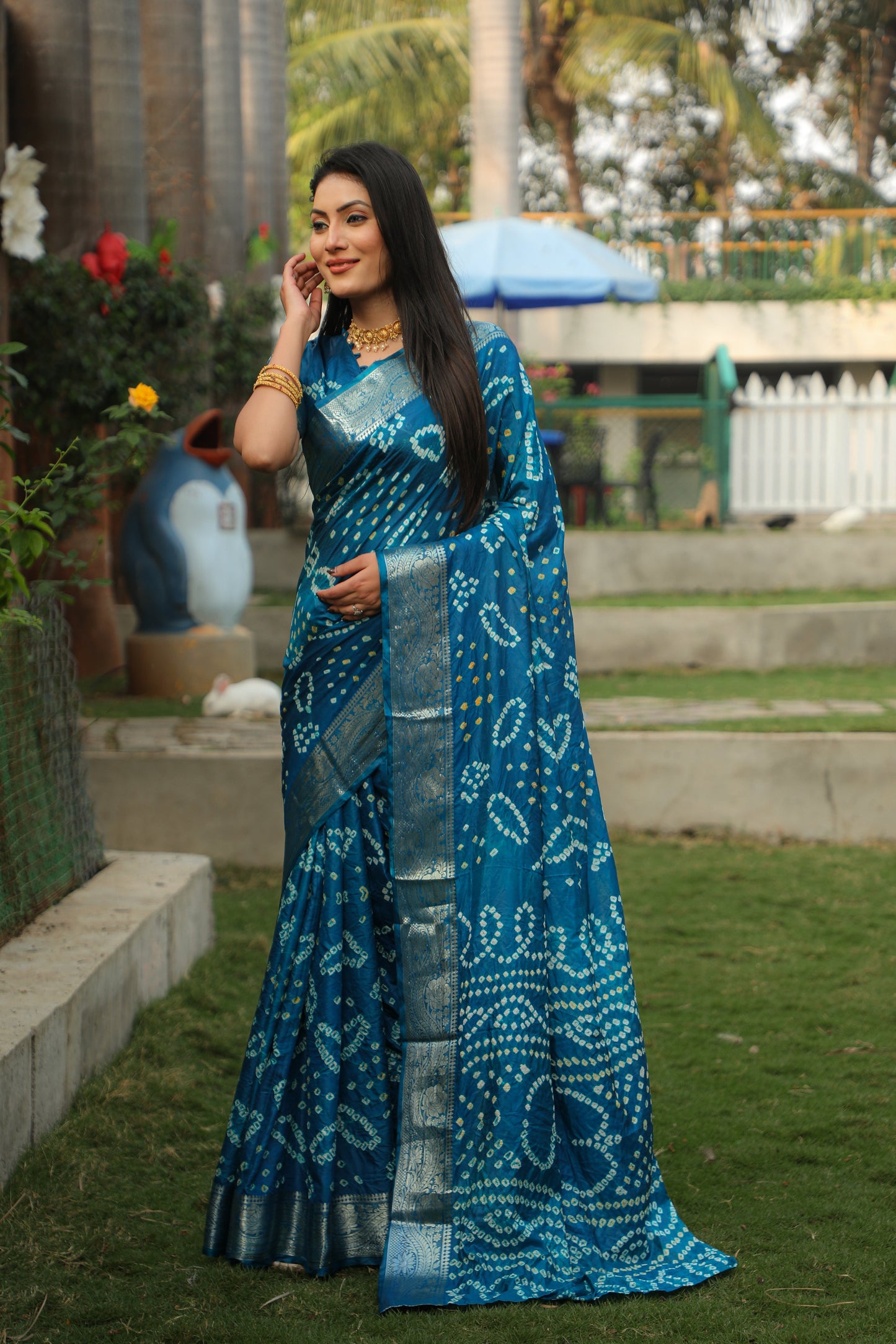 Blissful Kanjivaram Bandhej Blue Color Silk Saree