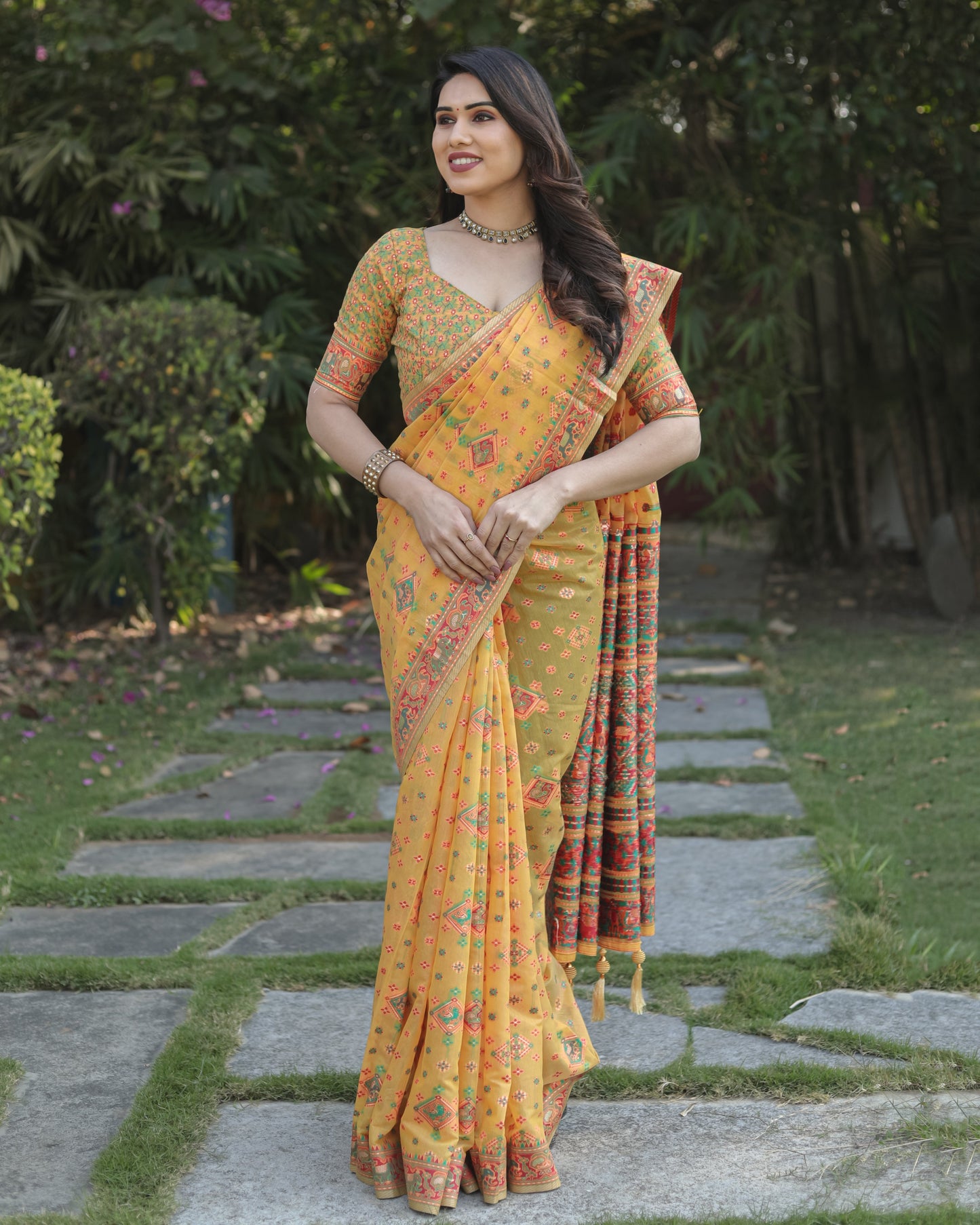 Designer Patola Print Work Soft Cotton Yellow Color Women Saree