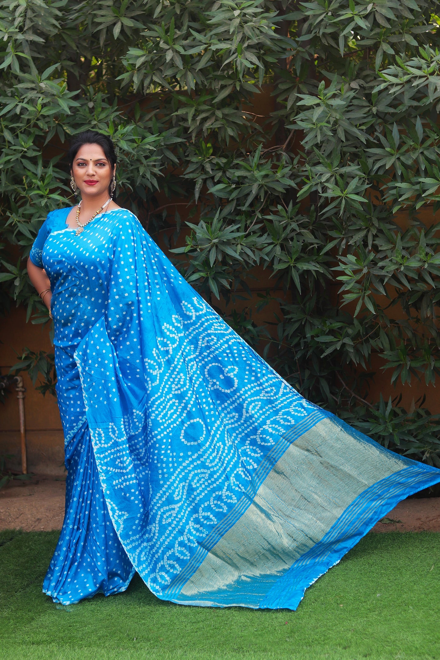 Glorious Bandhej Blue Color Silk Saree