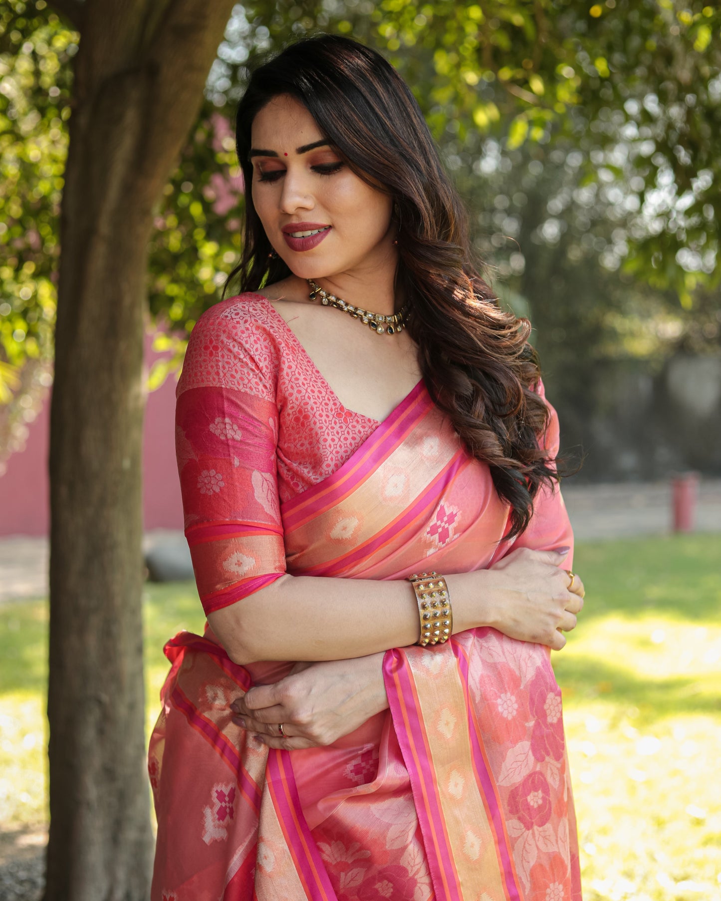 Trendy Organza Pink Color Silk Sarees