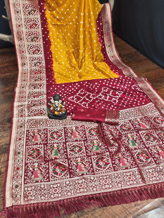 Delightful Jari Work Yellow With Red Color Saree