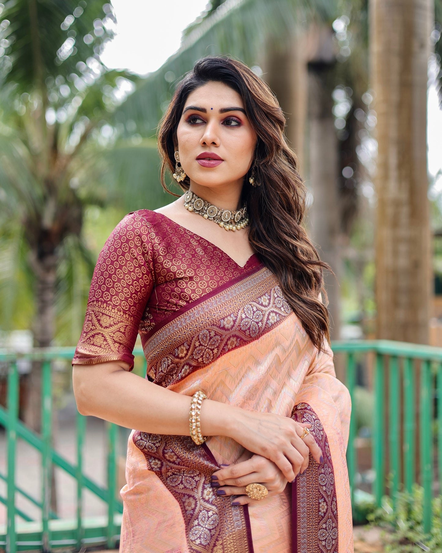 Imposing Kanjivaram Leheriya Peach Color Silk Saree