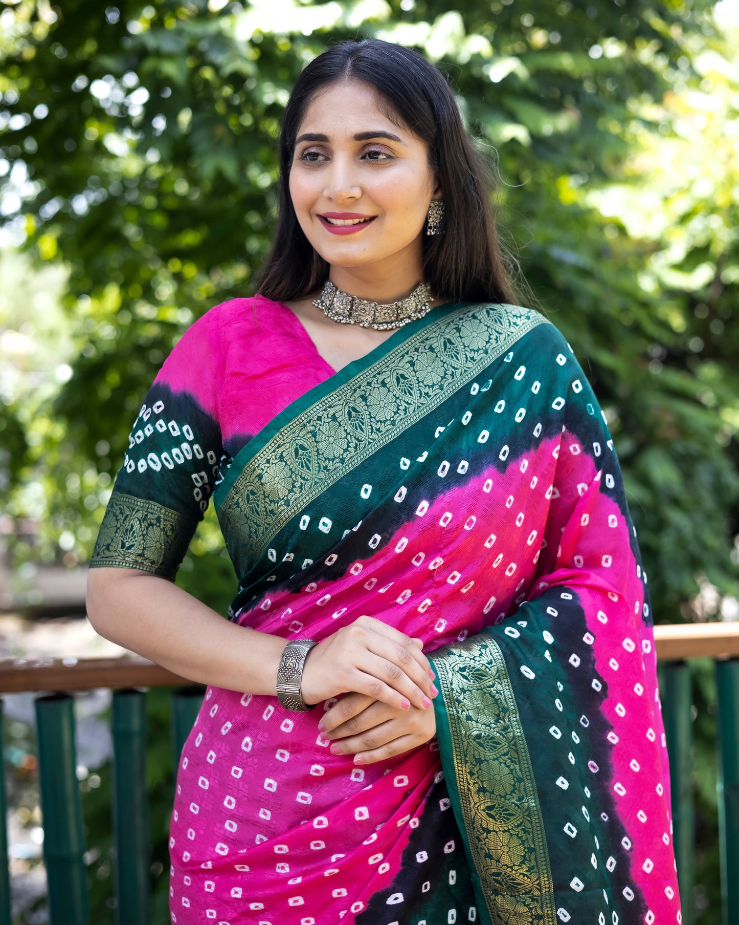 Stylish Bandhej Silk Bandhani Border Pink Color Saree