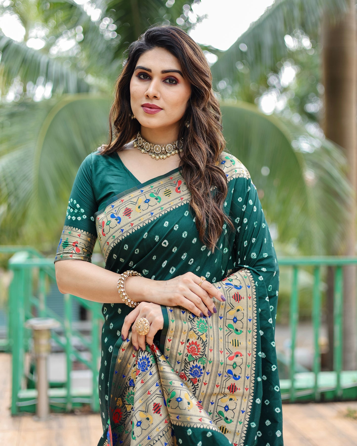 Glorious Paithani Bandhej Green Color Silk Saree