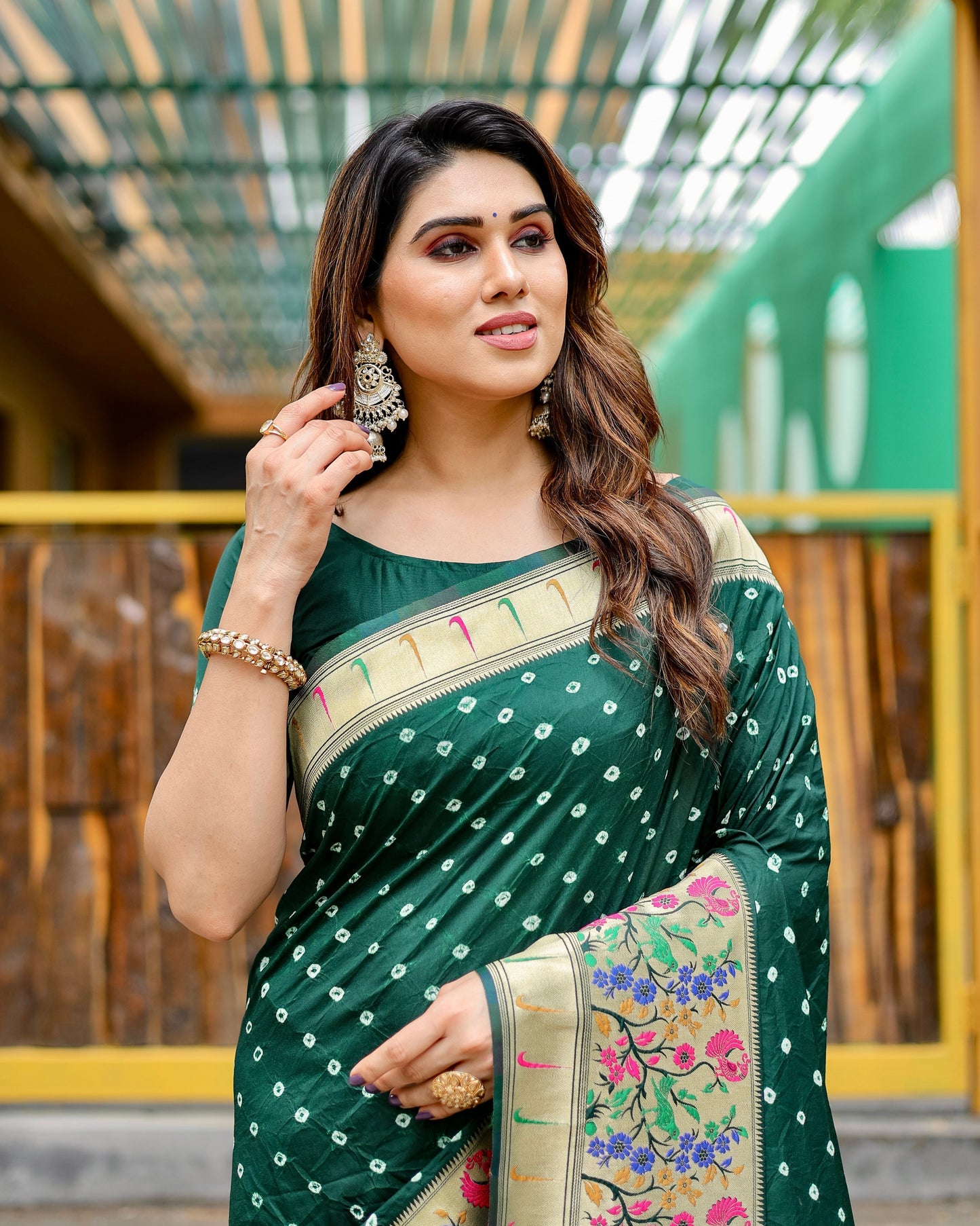 Charming Bandhej Paithani Green Color Silk Saree