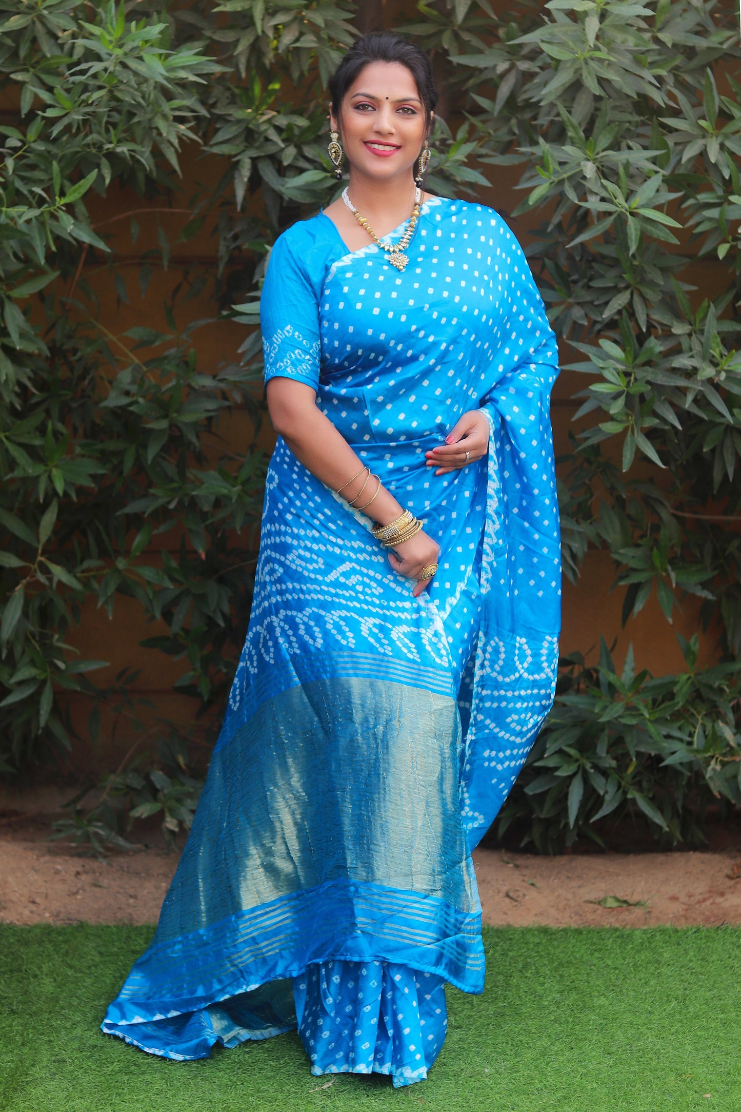 Glorious Bandhej Blue Color Silk Saree