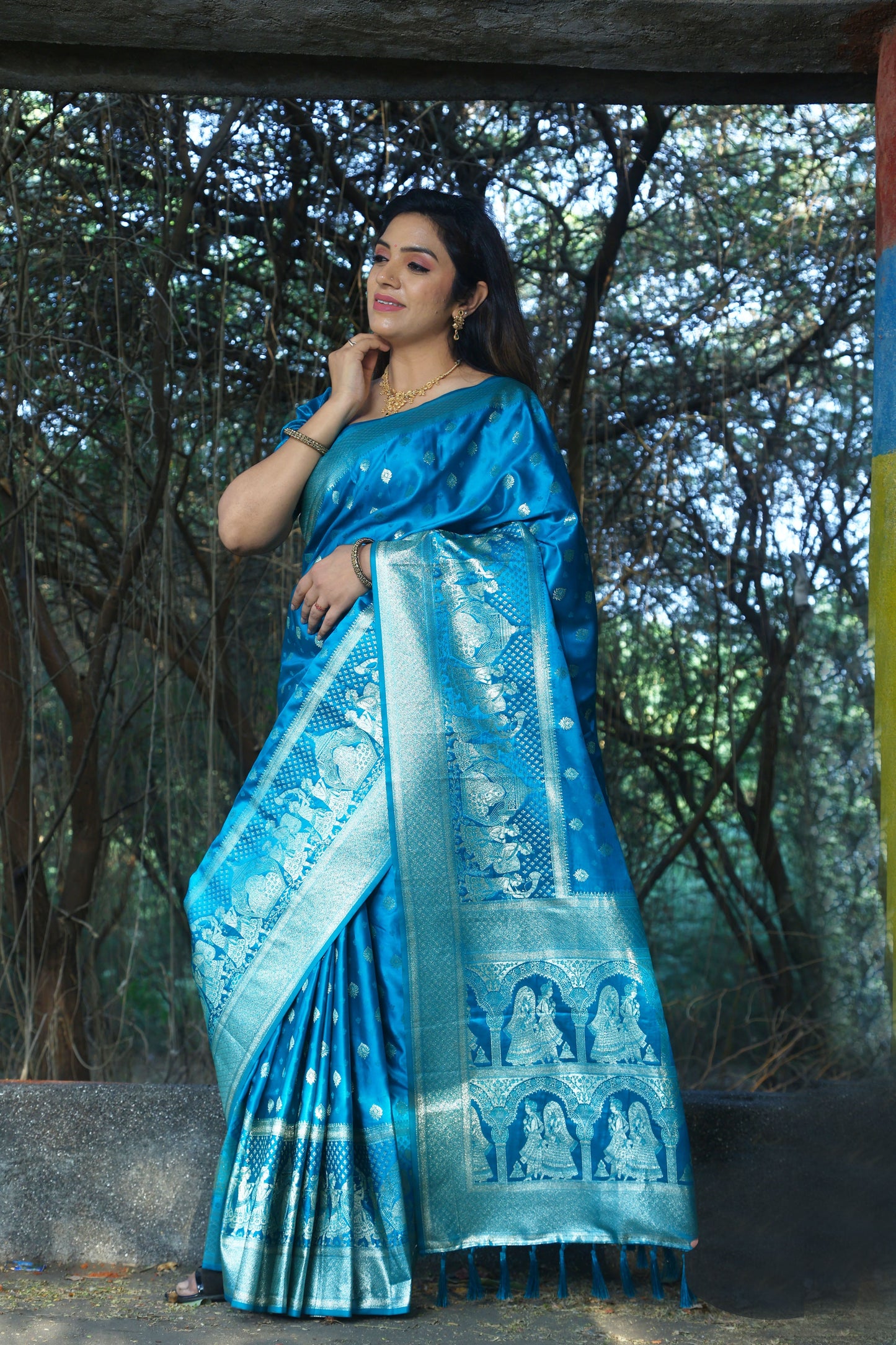 Beautiful Kanjivaram Soft Satin Sky Blue Silk Saree