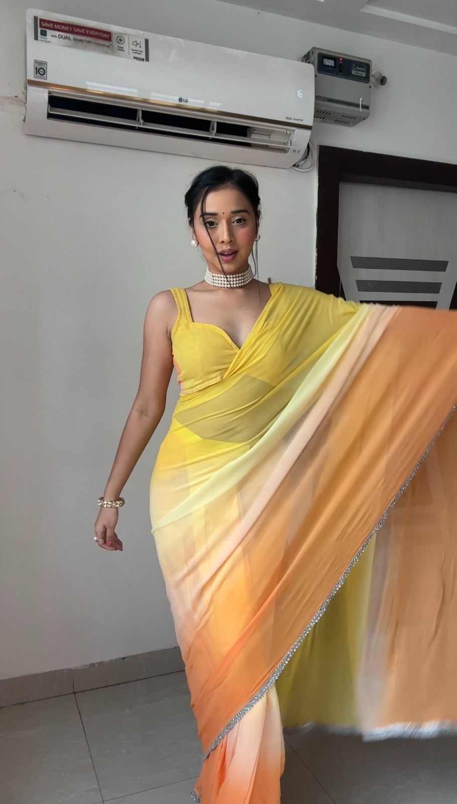 Glimmering Georgette Yellow Color Ready To Wear Saree