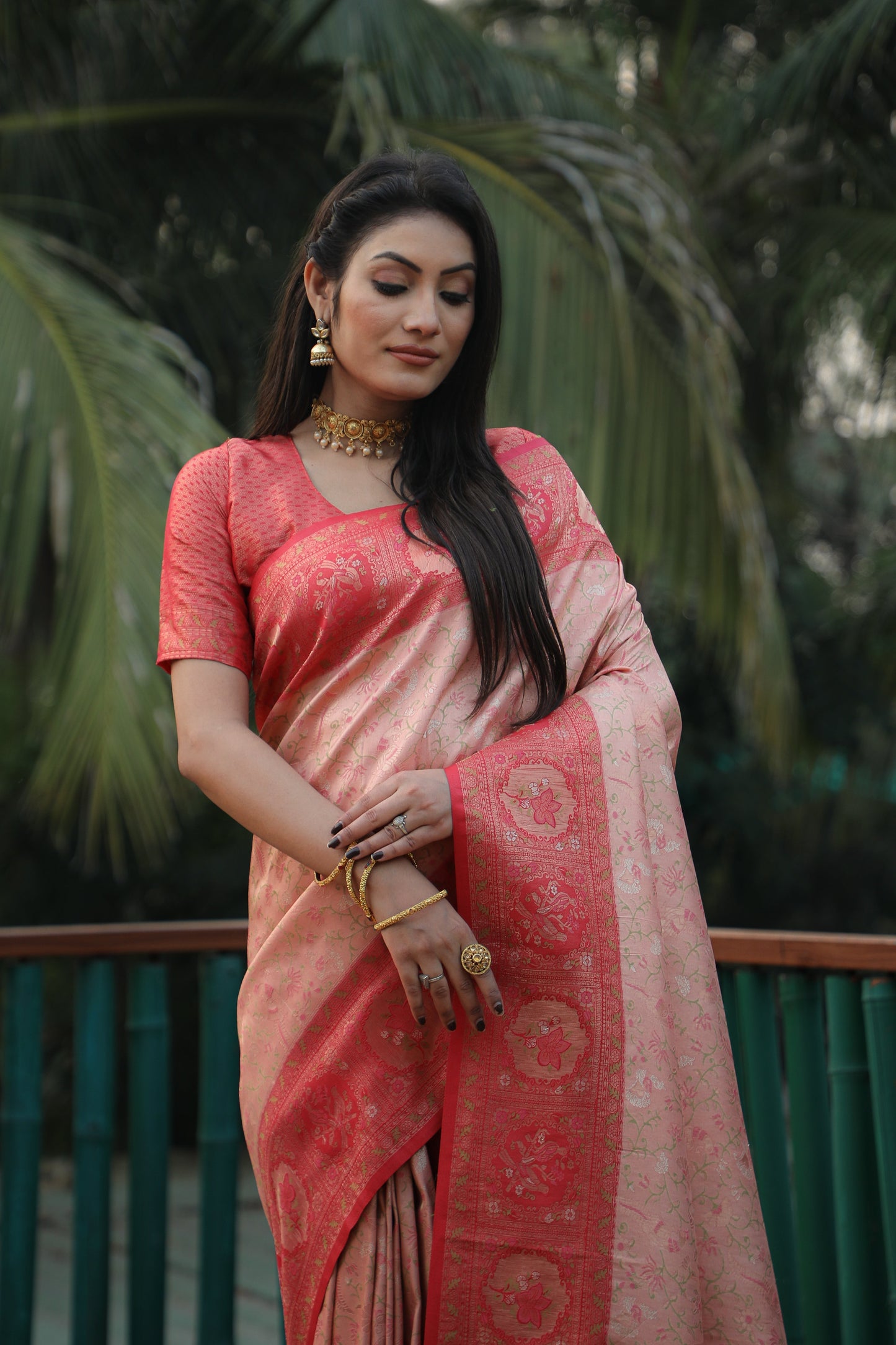 Charming Kanjivaram Peach & Red Color Soft Silk Saree