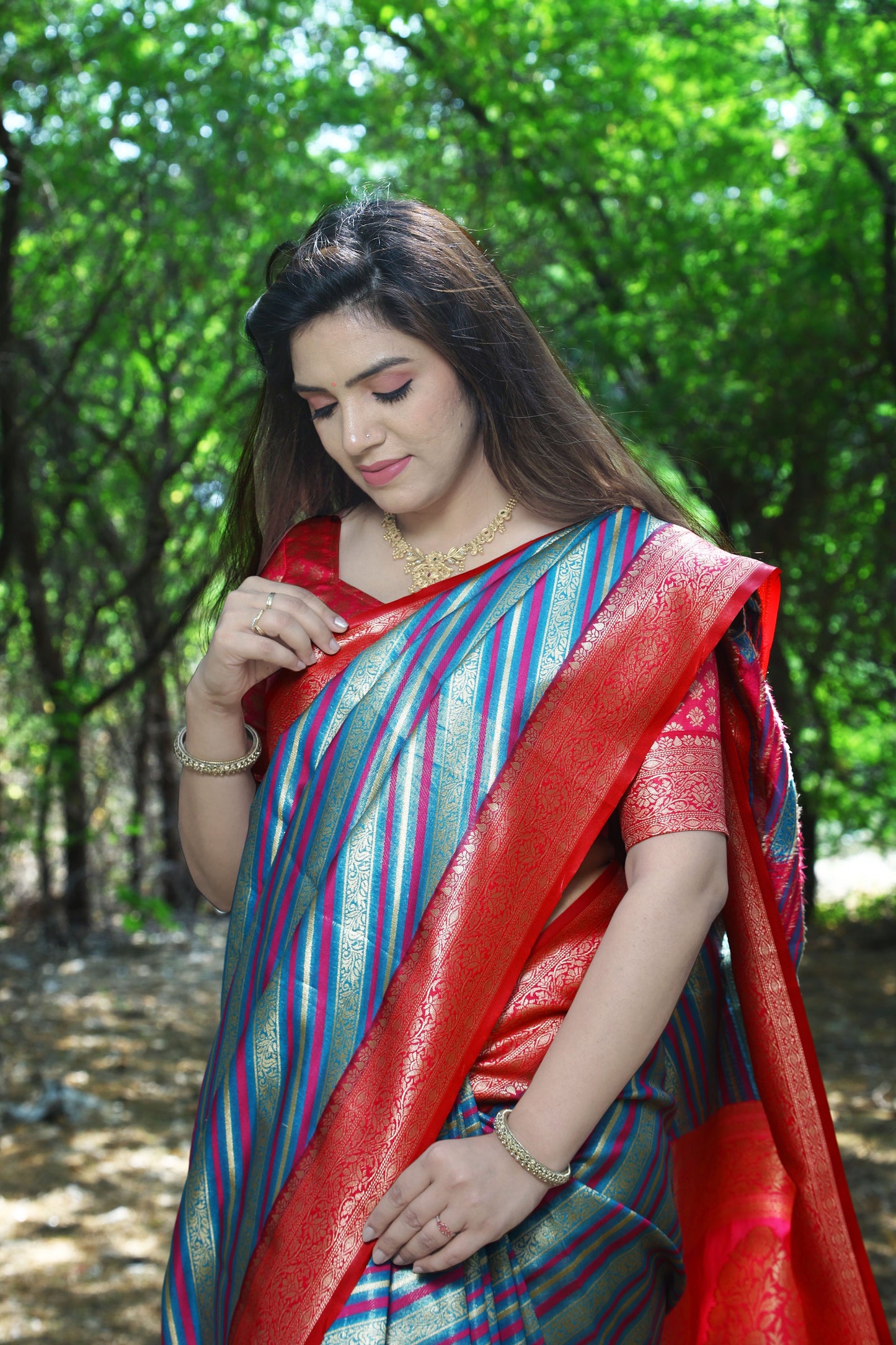 Designer Jaquard Soft Satin Red Sky Silk Saree