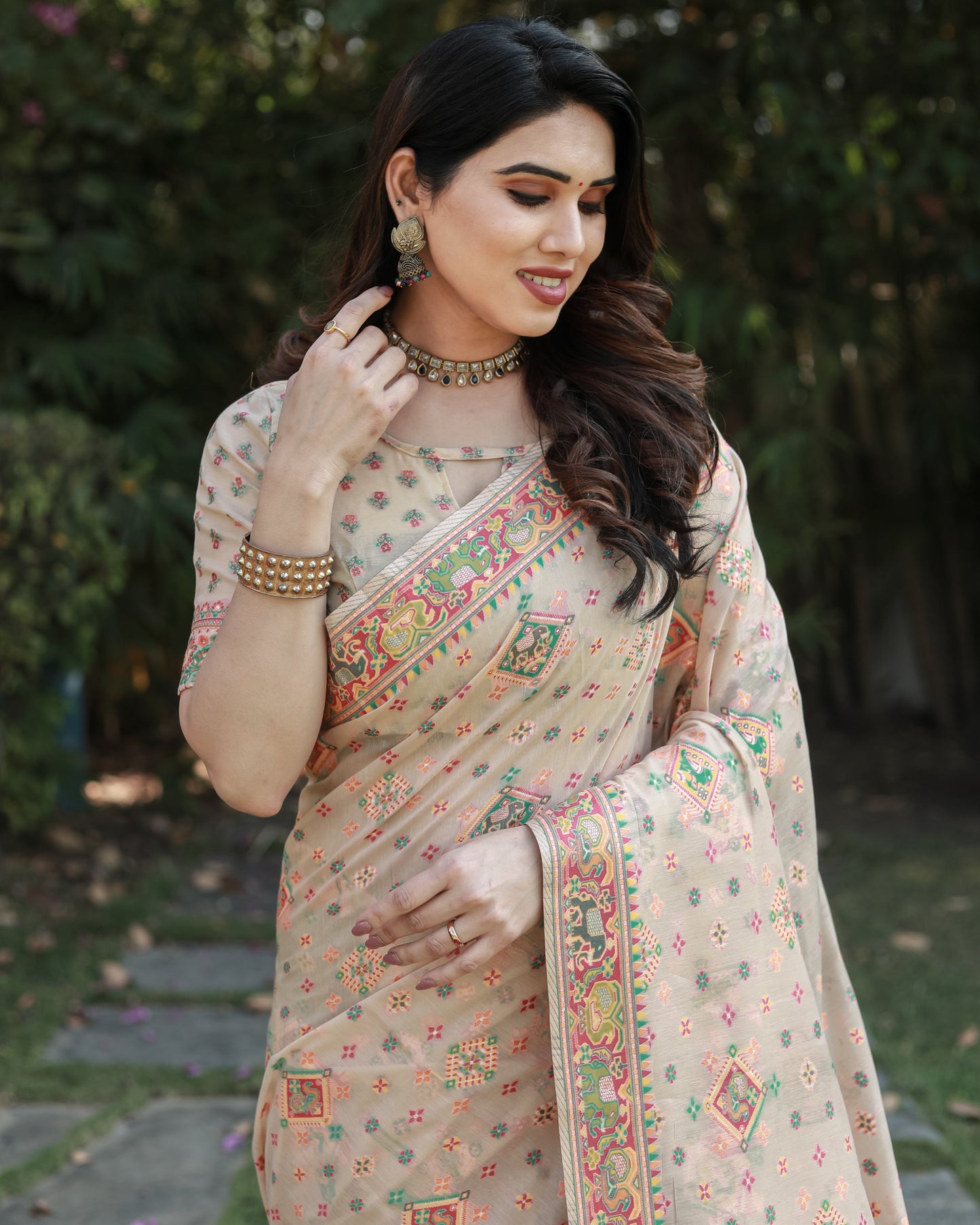 Designer Patola Print Work Soft Cotton Cream Color Women Saree