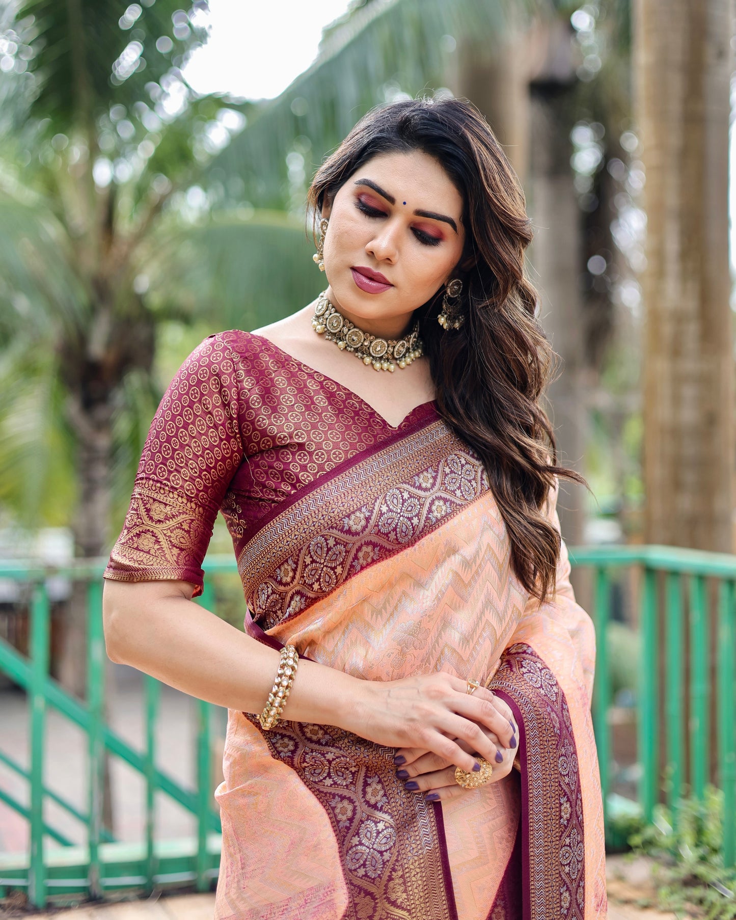 Imposing Kanjivaram Leheriya Peach Color Silk Saree