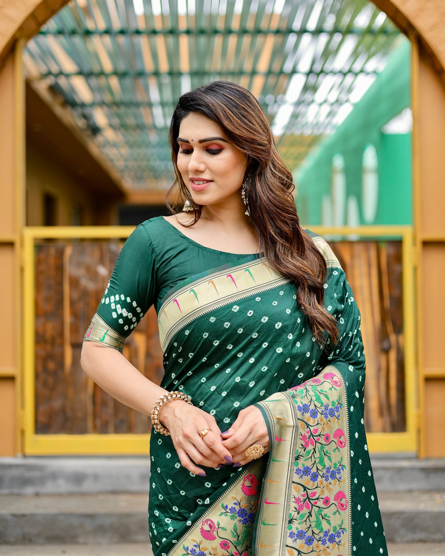 Charming Bandhej Paithani Green Color Silk Saree